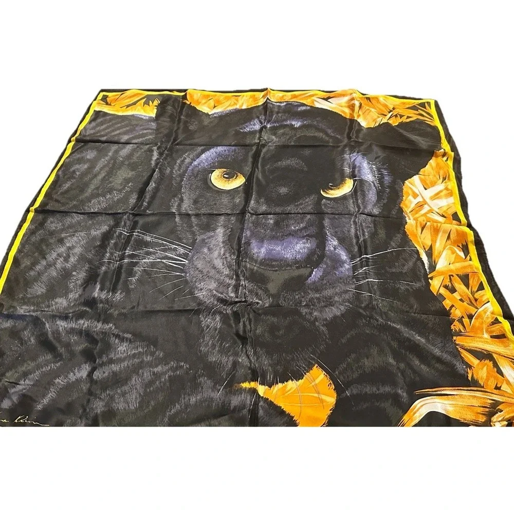 Vintage Anne Klein Scarf Silk Panther Black, Gold, Orange 30
